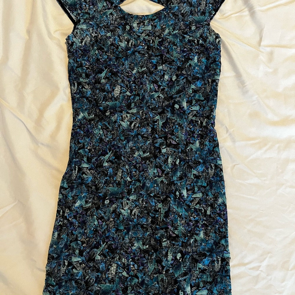 Free People Blue Teal and Black Sheath Dress with Flutter Cap Sleeves - Picture 2 of 4